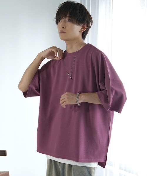 MinoriTY（マイノリティ）の「【MinoriTY】梨地ビッグドルマンスリットトレーナー Tシャツ 半袖カットソー メンズ 秋服 スウェット ビッグシルエット ルーズフィット オーバーサイズ 半袖Tシャツ プルオーバー 夏服（Tシャツ/カットソー・メンズ・ブルー/ブラック/オリーブ/ピンク/ライトグレー/サンドベージュ/チャコール・S/M/L）」の12枚目の写真
