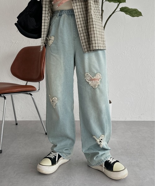 ur.fit デニムパンツ Lサイズ ハート型ダメージ