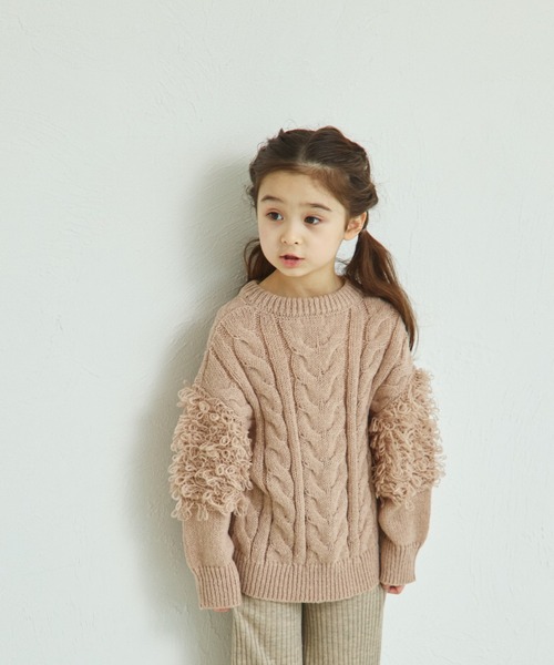 pairmanon（ペアマノン）の「ループ編み 袖ボリューム フリンジニット（ニット/セーター・キッズ・テラコッタ/ミント/ピンク/ベージュ・XS/S/M/L）」の4枚目の写真