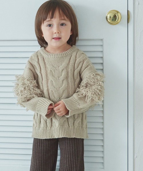 pairmanon（ペアマノン）の「ループ編み 袖ボリューム フリンジニット（ニット/セーター・キッズ・テラコッタ/ミント/ピンク/ベージュ・XS/S/M/L）」の3枚目の写真