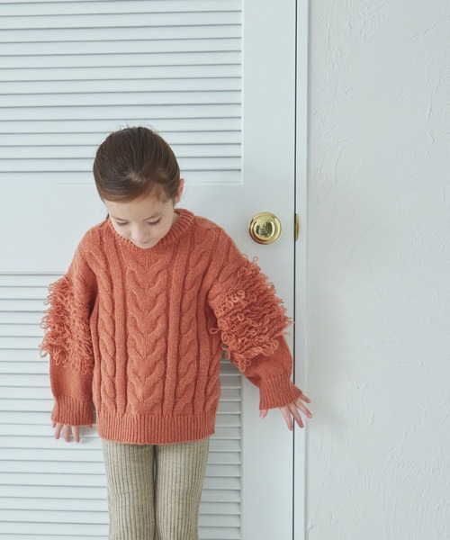 pairmanon（ペアマノン）の「ループ編み 袖ボリューム フリンジニット（ニット/セーター・キッズ・テラコッタ/ミント/ピンク/ベージュ・XS/S/M/L）」の10枚目の写真