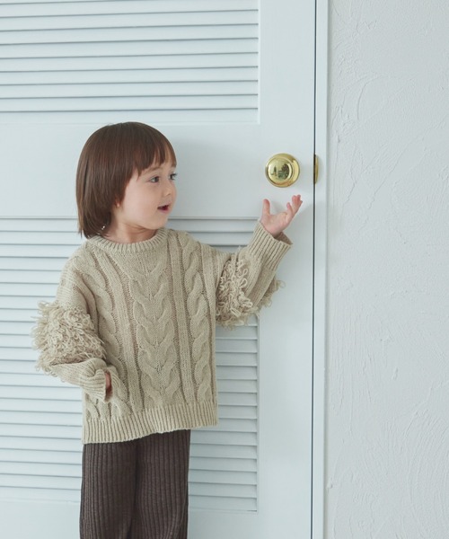 pairmanon（ペアマノン）の「ループ編み 袖ボリューム フリンジニット（ニット/セーター・キッズ・テラコッタ/ミント/ピンク/ベージュ・XS/S/M/L）」の15枚目の写真