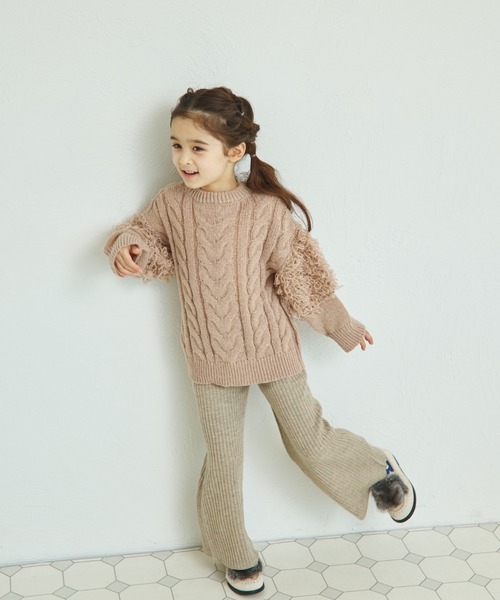 pairmanon（ペアマノン）の「ループ編み 袖ボリューム フリンジニット（ニット/セーター・キッズ・テラコッタ/ミント/ピンク/ベージュ・XS/S/M/L）」の8枚目の写真