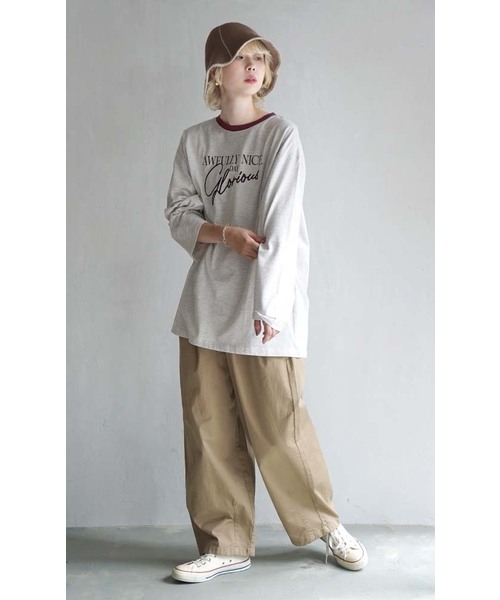 e-zakkamania stores(イーザッカマニアストアーズ)の「ロゴプリント&刺繍 リンガーロングTシャツ(Tシャツ/カットソー・レディース・オートミール/スミクロ・フリー)」の12枚目の写真