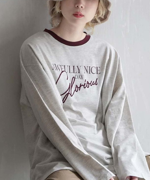 e-zakkamania stores(イーザッカマニアストアーズ)の「ロゴプリント&刺繍 リンガーロングTシャツ(Tシャツ/カットソー・レディース・オートミール/スミクロ・フリー)」の13枚目の写真