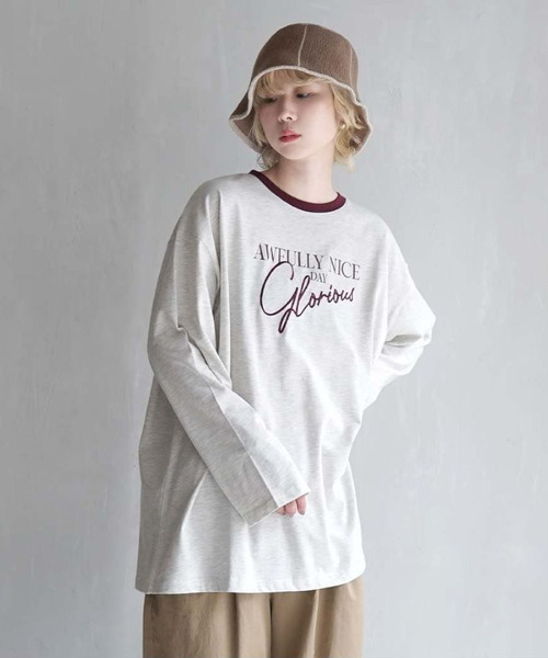 e-zakkamania stores(イーザッカマニアストアーズ)の「ロゴプリント&刺繍 リンガーロングTシャツ(Tシャツ/カットソー・レディース・オートミール/スミクロ・フリー)」の14枚目の写真