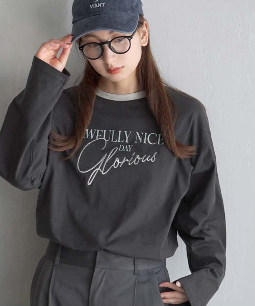 e-zakkamania stores(イーザッカマニアストアーズ)の「ロゴプリント&刺繍 リンガーロングTシャツ(Tシャツ/カットソー・レディース・オートミール/スミクロ・フリー)」の18枚目の写真