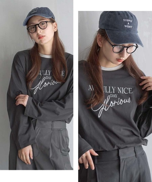 e-zakkamania stores(イーザッカマニアストアーズ)の「ロゴプリント&刺繍 リンガーロングTシャツ(Tシャツ/カットソー・レディース・オートミール/スミクロ・フリー)」の20枚目の写真