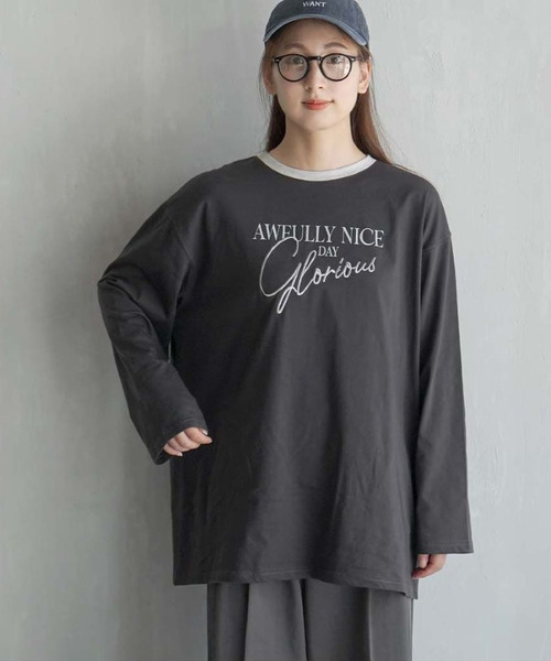 e-zakkamania stores(イーザッカマニアストアーズ)の「ロゴプリント&刺繍 リンガーロングTシャツ(Tシャツ/カットソー・レディース・オートミール/スミクロ・フリー)」の4枚目の写真
