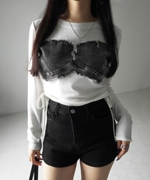 ※※【 2color 】サイドリボンダメージデニムドッキングTシャツ / side ribbon damage denim docking Tee