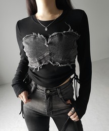 me+em select（ミームセレクト）の「【 ２color 】サイドリボンダメージデニムドッキングＴシャツ ／ side ribbon damage denim docking Tee（Tシャツ/カットソー）」