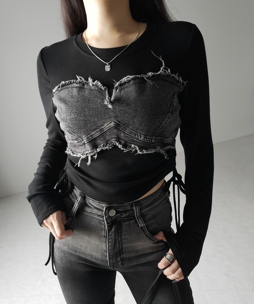 me+em select(ミームセレクト)の「※※【 2color 】サイドリボンダメージデニムドッキングTシャツ / side ribbon damage denim docking Tee(Tシャツ/カットソー・レディース・ホワイト/ブラック・FREE)」の1枚目の写真