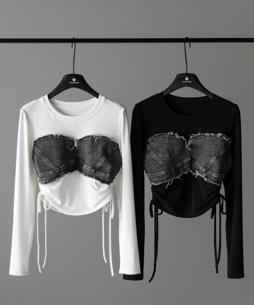 me+em select(ミームセレクト)の「※※【 2color 】サイドリボンダメージデニムドッキングTシャツ / side ribbon damage denim docking Tee(Tシャツ/カットソー・レディース・ホワイト/ブラック・FREE)」の3枚目の写真