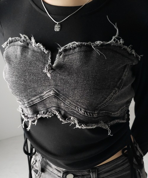 me+em select(ミームセレクト)の「※※【 2color 】サイドリボンダメージデニムドッキングTシャツ / side ribbon damage denim docking Tee(Tシャツ/カットソー・レディース・ホワイト/ブラック・FREE)」の4枚目の写真
