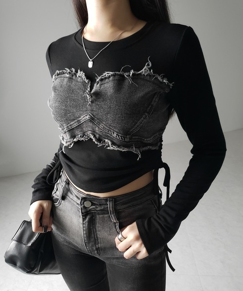 me+em select(ミームセレクト)の「※※【 2color 】サイドリボンダメージデニムドッキングTシャツ / side ribbon damage denim docking Tee(Tシャツ/カットソー・レディース・ホワイト/ブラック・FREE)」の5枚目の写真