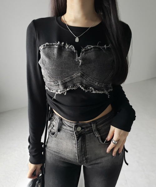 me+em select(ミームセレクト)の「※※【 2color 】サイドリボンダメージデニムドッキングTシャツ / side ribbon damage denim docking Tee(Tシャツ/カットソー・レディース・ホワイト/ブラック・FREE)」の6枚目の写真