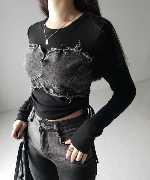 me+em select(ミームセレクト)の「※※【 2color 】サイドリボンダメージデニムドッキングTシャツ / side ribbon damage denim docking Tee(Tシャツ/カットソー・レディース・ホワイト/ブラック・FREE)」の7枚目の写真