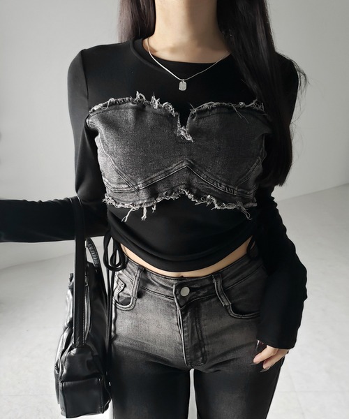 me+em select(ミームセレクト)の「※※【 2color 】サイドリボンダメージデニムドッキングTシャツ / side ribbon damage denim docking Tee(Tシャツ/カットソー・レディース・ホワイト/ブラック・FREE)」の8枚目の写真