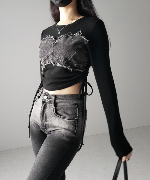 me+em select(ミームセレクト)の「※※【 2color 】サイドリボンダメージデニムドッキングTシャツ / side ribbon damage denim docking Tee(Tシャツ/カットソー・レディース・ホワイト/ブラック・FREE)」の9枚目の写真