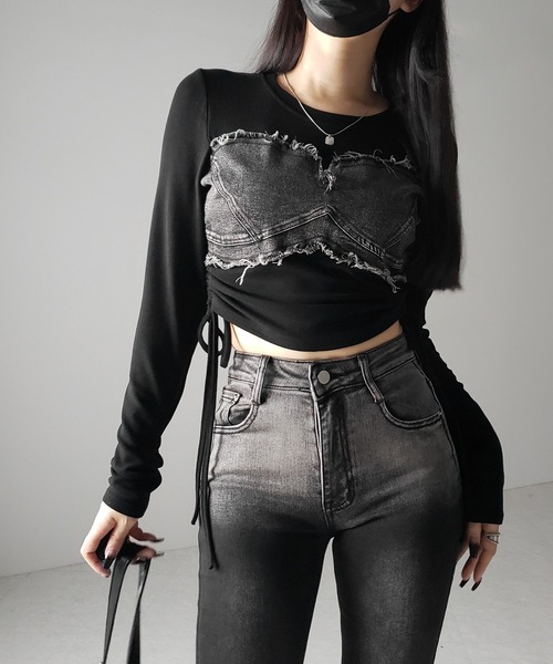 me+em select(ミームセレクト)の「※※【 2color 】サイドリボンダメージデニムドッキングTシャツ / side ribbon damage denim docking Tee(Tシャツ/カットソー・レディース・ホワイト/ブラック・FREE)」の10枚目の写真