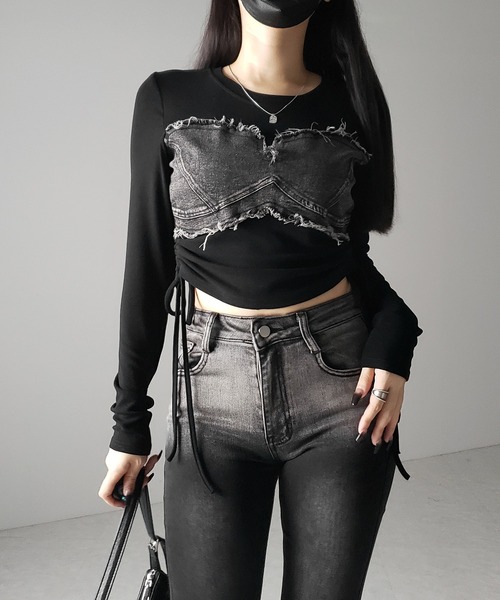 me+em select(ミームセレクト)の「※※【 2color 】サイドリボンダメージデニムドッキングTシャツ / side ribbon damage denim docking Tee(Tシャツ/カットソー・レディース・ホワイト/ブラック・FREE)」の12枚目の写真