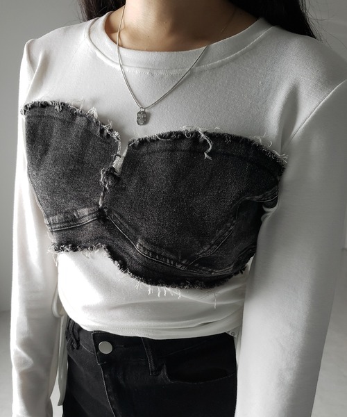 me+em select(ミームセレクト)の「※※【 2color 】サイドリボンダメージデニムドッキングTシャツ / side ribbon damage denim docking Tee(Tシャツ/カットソー・レディース・ホワイト/ブラック・FREE)」の14枚目の写真