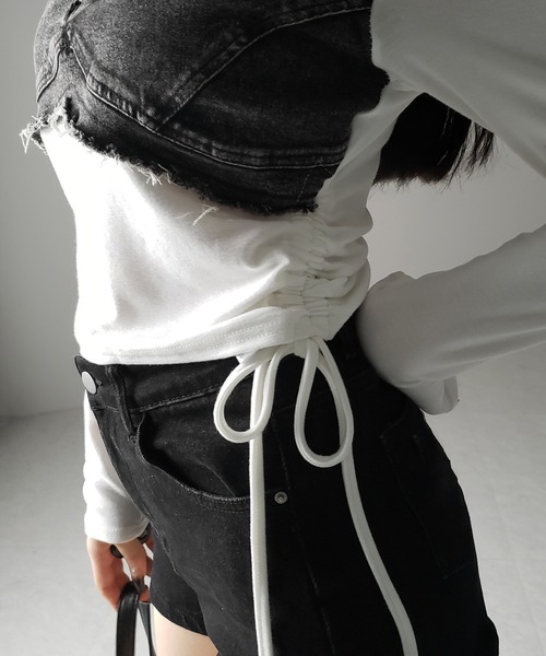 me+em select(ミームセレクト)の「※※【 2color 】サイドリボンダメージデニムドッキングTシャツ / side ribbon damage denim docking Tee(Tシャツ/カットソー・レディース・ホワイト/ブラック・FREE)」の15枚目の写真