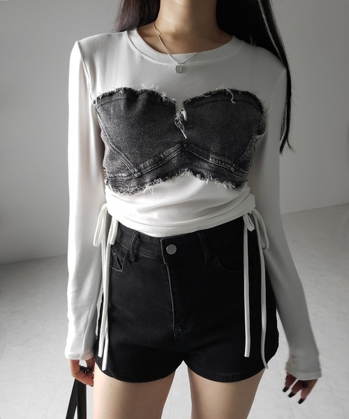 me+em select(ミームセレクト)の「※※【 2color 】サイドリボンダメージデニムドッキングTシャツ / side ribbon damage denim docking Tee(Tシャツ/カットソー・レディース・ホワイト/ブラック・FREE)」の16枚目の写真