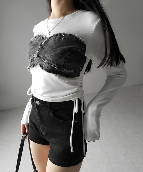 me+em select(ミームセレクト)の「※※【 2color 】サイドリボンダメージデニムドッキングTシャツ / side ribbon damage denim docking Tee(Tシャツ/カットソー・レディース・ホワイト/ブラック・FREE)」の17枚目の写真