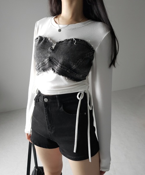 me+em select(ミームセレクト)の「※※【 2color 】サイドリボンダメージデニムドッキングTシャツ / side ribbon damage denim docking Tee(Tシャツ/カットソー・レディース・ホワイト/ブラック・FREE)」の20枚目の写真