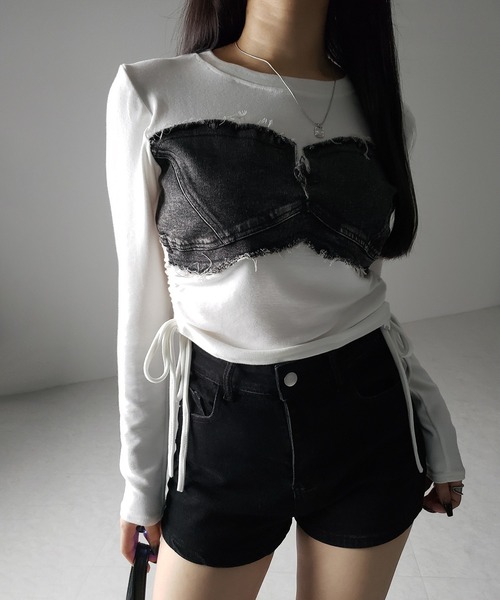 me+em select(ミームセレクト)の「※※【 2color 】サイドリボンダメージデニムドッキングTシャツ / side ribbon damage denim docking Tee(Tシャツ/カットソー・レディース・ホワイト/ブラック・FREE)」の18枚目の写真
