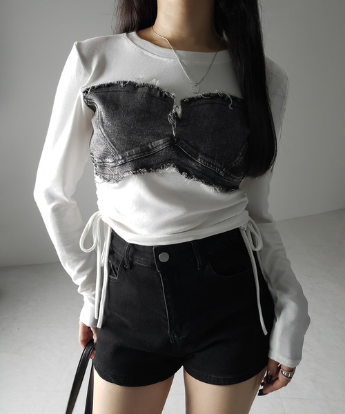 me+em select(ミームセレクト)の「※※【 2color 】サイドリボンダメージデニムドッキングTシャツ / side ribbon damage denim docking Tee(Tシャツ/カットソー・レディース・ホワイト/ブラック・FREE)」の19枚目の写真