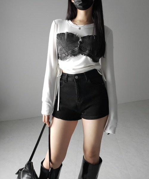 me+em select(ミームセレクト)の「※※【 2color 】サイドリボンダメージデニムドッキングTシャツ / side ribbon damage denim docking Tee(Tシャツ/カットソー・レディース・ホワイト/ブラック・FREE)」の21枚目の写真