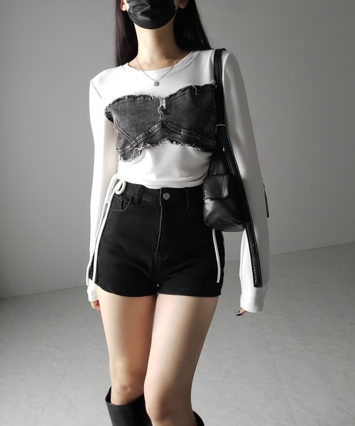 me+em select(ミームセレクト)の「※※【 2color 】サイドリボンダメージデニムドッキングTシャツ / side ribbon damage denim docking Tee(Tシャツ/カットソー・レディース・ホワイト/ブラック・FREE)」の22枚目の写真