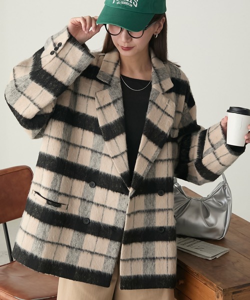 シャギーチェックジャケットコート（ピーコート）｜BONLECILL