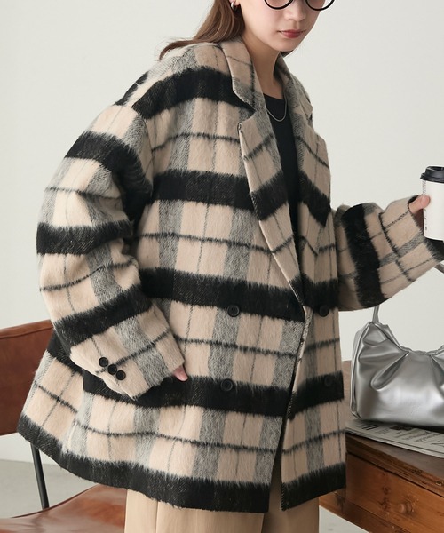 シャギーチェックジャケットコート（ピーコート）｜BONLECILL