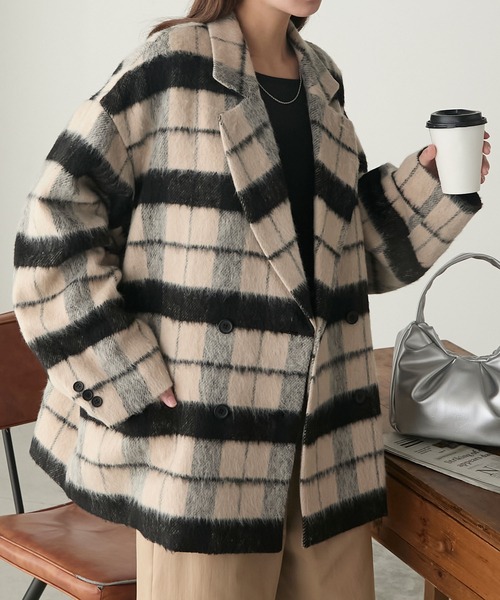 シャギーチェックジャケットコート（ピーコート）｜BONLECILL
