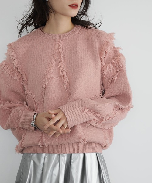 極美品 ビアズリー ジャガードフリンジニット フリー 美品♪ビアズリー ウール ジャガードフリンジニット ベージュ グリーン