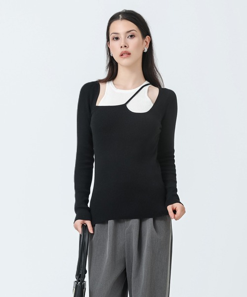 SUWDEE（スーディー）の「fake layered design tops（ニット/セーター・レディース・ベージュ/ブラウン/ブラック/グレー・FREE）」の8枚目の写真