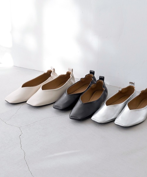 セール】スクエアトゥ ギャザー フラットシューズ（パンプス）｜welleg