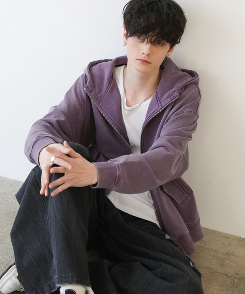 ピグメントスウェットハイネックボリュームフードZIPジャケット