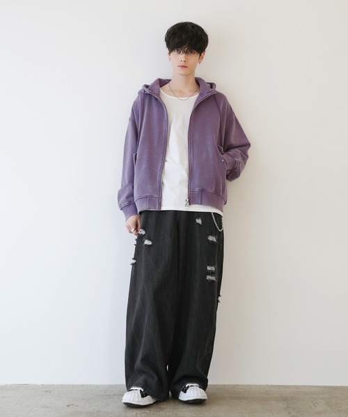 ピグメントスウェットハイネックボリュームフードZIPジャケット