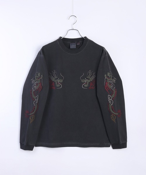 HOUSTON（ヒューストン）の「HOUSTON USコットン100% ピグメント加工 ロンT 龍柄プリント（Tシャツ/カットソー・メンズ・ブラック/ナチュラル・MEDIUM/LARGE/X-LARGE）」の3枚目の写真