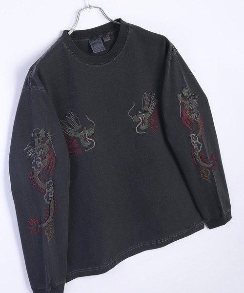 HOUSTON（ヒューストン）の「HOUSTON USコットン100% ピグメント加工 ロンT 龍柄プリント（Tシャツ/カットソー・メンズ・ブラック/ナチュラル・MEDIUM/LARGE/X-LARGE）」の5枚目の写真