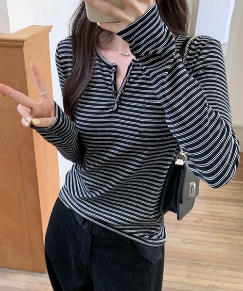 2ly2（トゥーリートゥー）の「ナチュラルスタイル◎ボーダー柄ヘンリーネックトップス（Tシャツ/カットソー・レディース・ベージュ/ブラック/ホワイト/ライトグレー・FREE/SMALL/MEDIUM）」の8枚目の写真