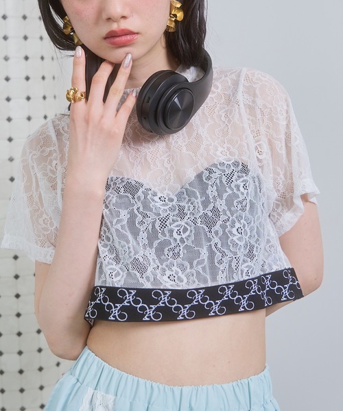 VIOLETTA（ヴィオレッタ）の「モノグラムロゴテープレースシアーTシャツ（Tシャツ/カットソー・レディース・ブラック/ホワイト・FREE）」の3枚目の写真