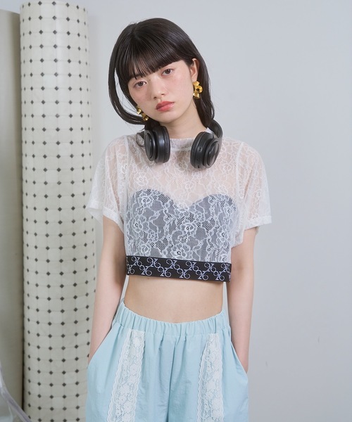 VIOLETTA（ヴィオレッタ）の「モノグラムロゴテープレースシアーTシャツ（Tシャツ/カットソー・レディース・ブラック/ホワイト・FREE）」の12枚目の写真