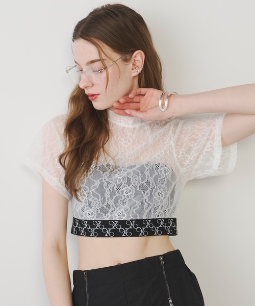 VIOLETTA（ヴィオレッタ）の「モノグラムロゴテープレースシアーTシャツ（Tシャツ/カットソー・レディース・ブラック/ホワイト・FREE）」の7枚目の写真