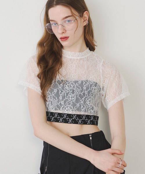 VIOLETTA（ヴィオレッタ）の「モノグラムロゴテープレースシアーTシャツ（Tシャツ/カットソー・レディース・ブラック/ホワイト・FREE）」の8枚目の写真