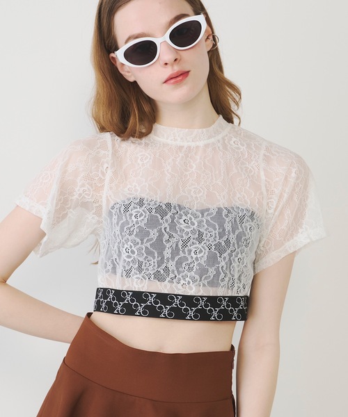 VIOLETTA（ヴィオレッタ）の「モノグラムロゴテープレースシアーTシャツ（Tシャツ/カットソー・レディース・ブラック/ホワイト・FREE）」の10枚目の写真